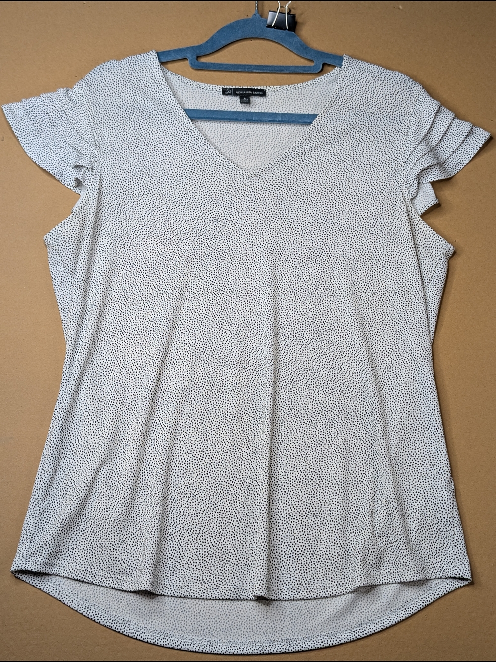 Adrianna Papell White Microdot V-Neck Ruffle Sleeve Top